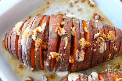 Hasselback Sweet Potatoes with Cinnamon, Brown Sugar, Marshmallows, and Pecans