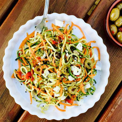 Vegetarian Pesto Courgette N’ Carrot Noodles with Feta Cheese and Olives