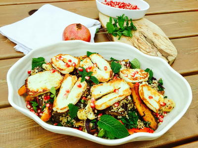 Quinoa, Roast Vegetables, Halloumi Cheese Zaatar and Pomegranate Salad