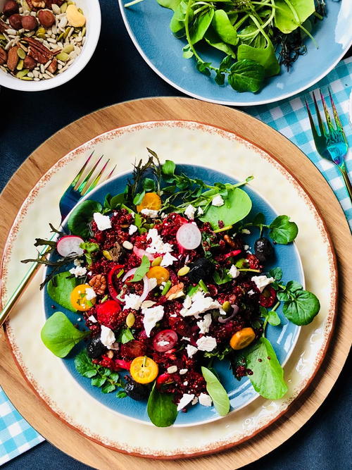 Organic Red Quinoa with Beets Olives Red Onion and Feta Salad