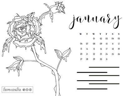 Frosted Rose January 2020 Printable Coloring Calendar Page