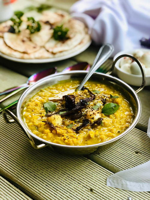 Red Lentil Dhal with Coconut Milk and Quail Eggs