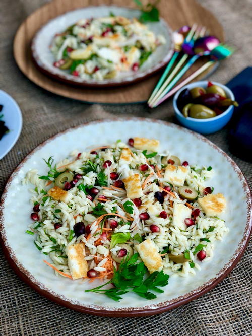 All Seasons Orzo Halloumi and Olive Salad