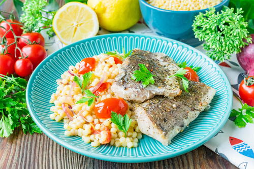 Baked Hake with Couscous and Vegetables