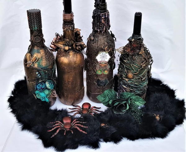 DIY Halloween Mixed Media Wine Bottles