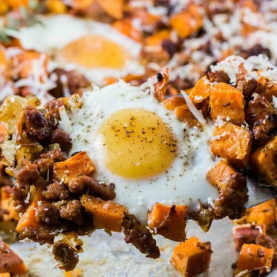 Sheet Pan Sweet Potato Hash with Eggs and Sausage