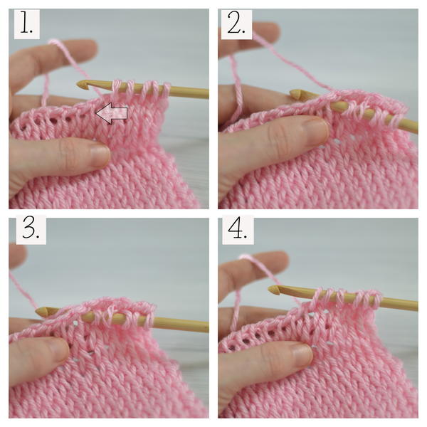 Image shows four squares showing the process of how to make the Tunisian knit stitch.