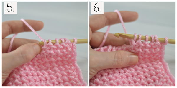 Image shows two squares showing the process of how to make the Tunisian purl stitch.
