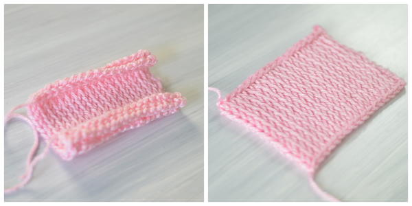 Images show a Tunisian knit stitch swatch before blocking and after blocking (left to right).