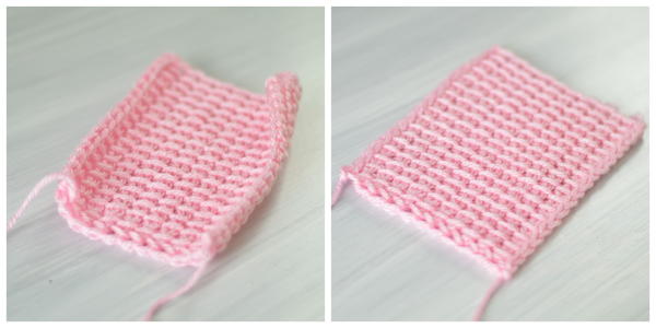 Images show a Tunisian simple stitch swatch before blocking and after blocking (left to right).