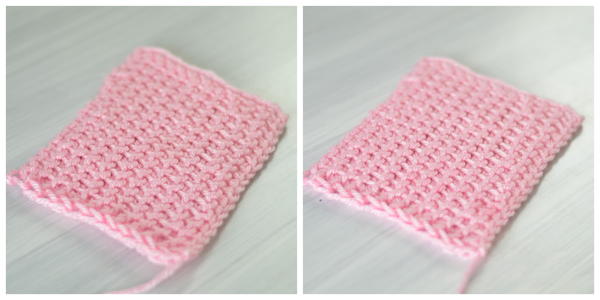 Images show a Tunisian purl stitch swatch before blocking and after blocking (left to right).