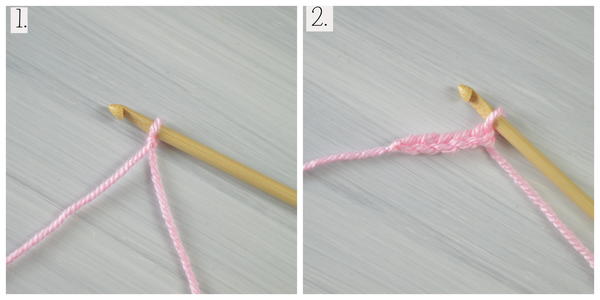 Images show step 1 and 2 for how to Tunisian crochet.