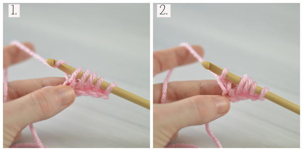 Images show step 5 and 6 for how to Tunisian crochet (return pass).