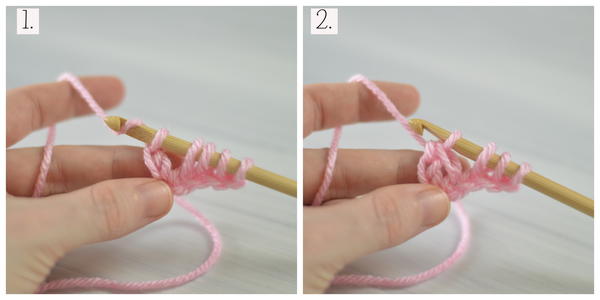 Images show step 7 and 8 for how to Tunisian crochet.