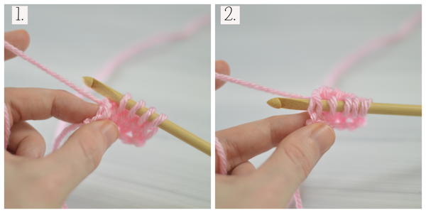 Images show step 11 for how to Tunisian crochet.