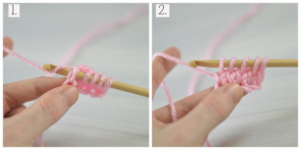Images show step 12 for how to Tunisian crochet.