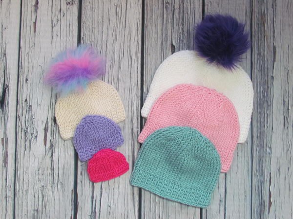 Image shows the Beginner Tunisian Beanie in different sizes and colors.