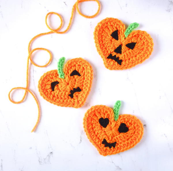 Crochet Heart Pumpkin Jack-O’-Lantern Applique