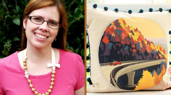 Image shows Bev on the left and the Vintage Travel Poster Pillow on the right.