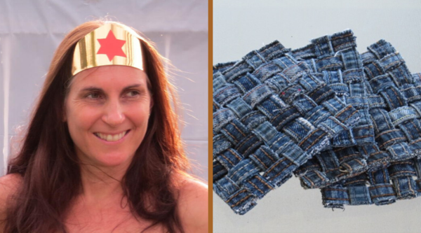 Image shows Jill on the left and the Woven Denim Drinks Coasters on the right.