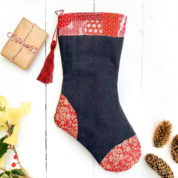 Sashiko Inspired Denim Christmas Stocking