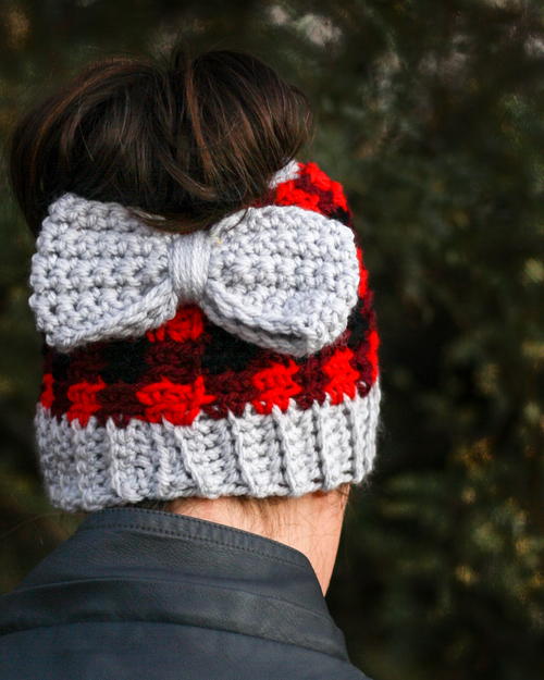 Chunky Plaid Bun Beanie