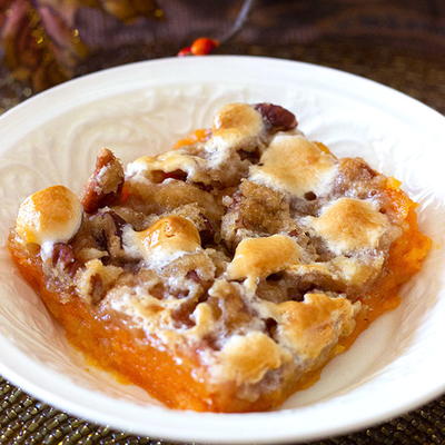 Sweet Potato Casserole with Pecans and Marshmallows