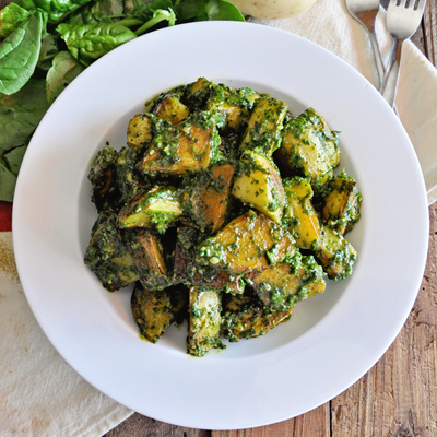 Roasted Spanish Potatoes with Spinach Pesto