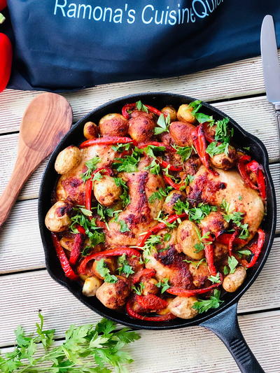 Skillet Chicken and Olive Pesto Sauce Bake