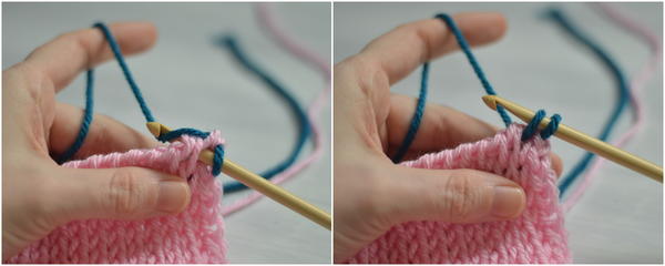 Image shows two panels with the last two steps in changing color at the beginning of a row in Tunisian crochet.