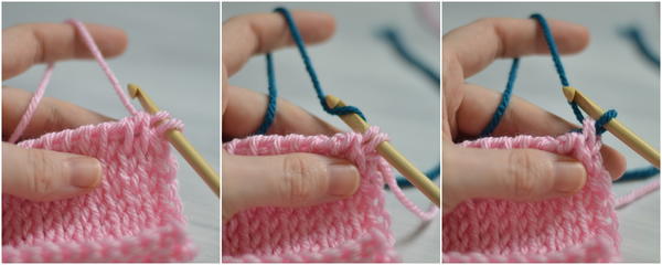 Image shows three panels with the first three steps in changing color at the beginning of a row in Tunisian crochet.