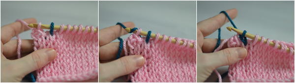 Image shows three panels with the first three steps in changing color during the return pass in Tunisian crochet.