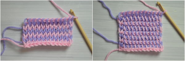 Image shows two panels with a swatch showing changing color at the beginning of the return pass in Tunisian crochet.