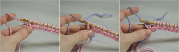 Image shows three panels with the next three steps in changing color at the beginning of the return pass in Tunisian crochet.