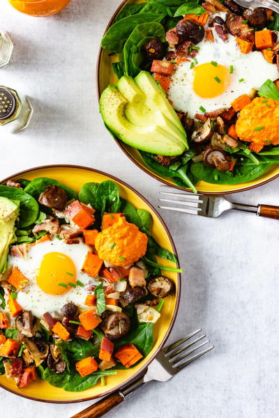 Sheet Pan Sweet Potato Hash With Baked Eggs & Romesco