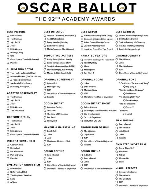 Oscar Ballot Printable 2020