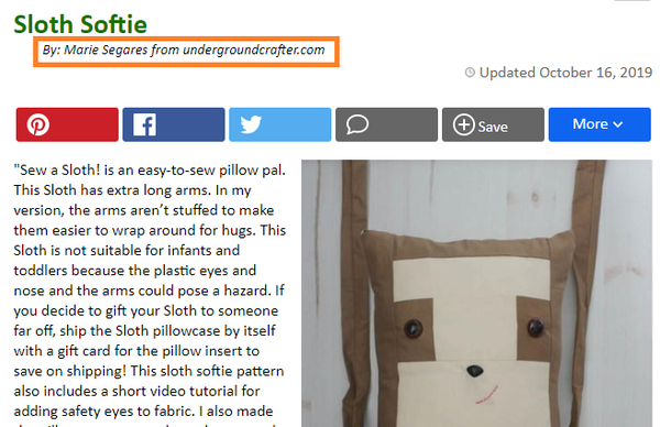 Marie Segares' Byline on her project Sloth Softie