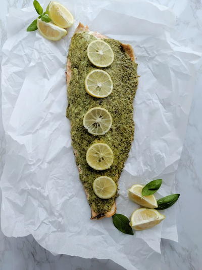 Herb, Asiago, And Roasted Garlic Crusted Salmon