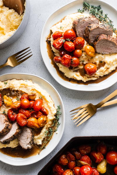Herb-crusted Pork Tenderloin With Creamy Polenta & Roasted Cherry Tomatoes