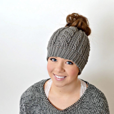 Cabled Messy Bun Hat