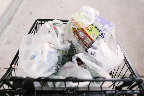 Grocery cart filled with emergency food