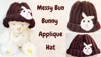 Messy Bun Bunny Applique Crochet Ribbed Hat