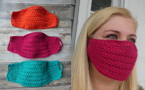 Image shows a woman wearing a pink crochet face mask that extends all the way to the ears.