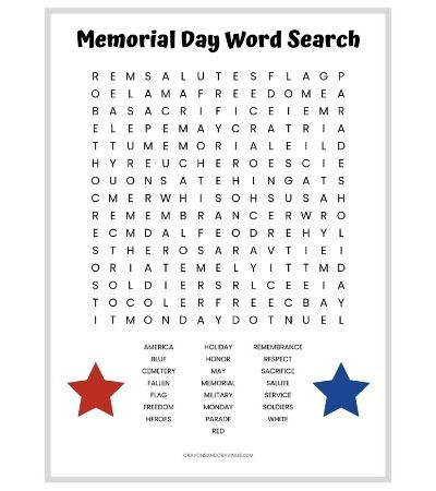 Memorial Day Word Search Free Printable