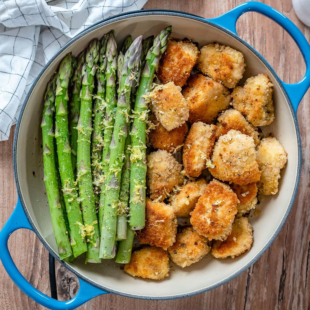 Garlic Butter Chicken Bites With Lemon Asparagus | FaveHealthyRecipes.com