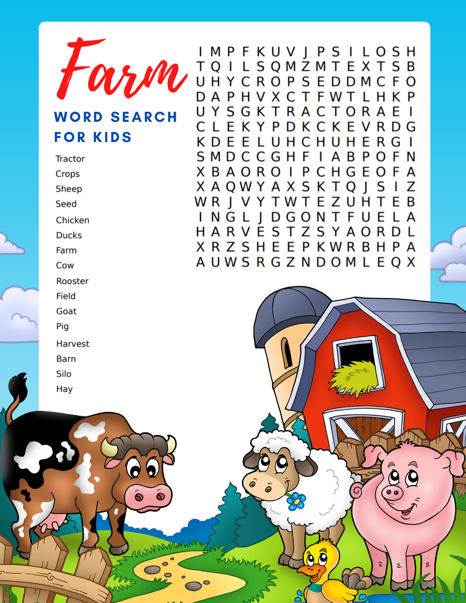 free printable farm word search for kids allfreekidscraftscom