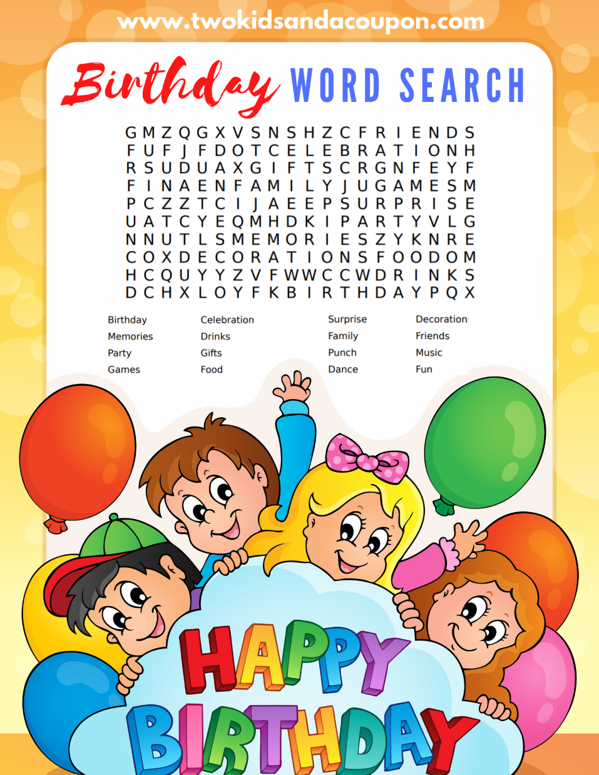 free printable birthday word search for kids allfreekidscrafts com