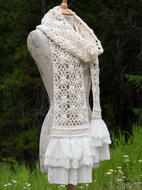 Shabby Chic Crochet Lace Scarf With Flowers And Ruffle