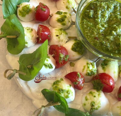 Caprese Skewers With Pesto Dipping Sauce