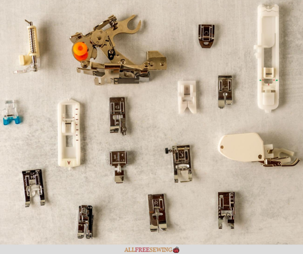 Image shows types of sewing machine foot attachments.